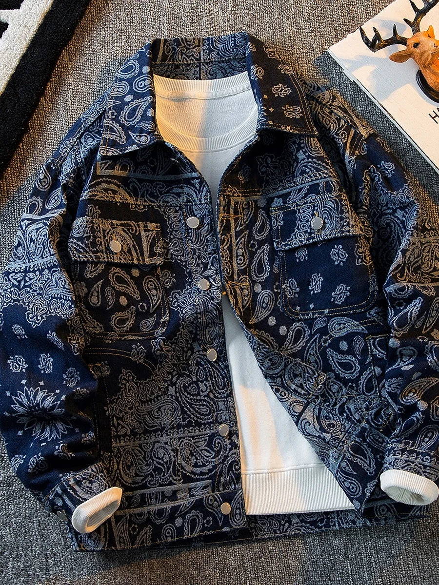 Spring Autumn Ethnic Style Denim Jacket Men's Niche Retro Loose Casual High Street Personalized Jackets Men Tops Male Clothes