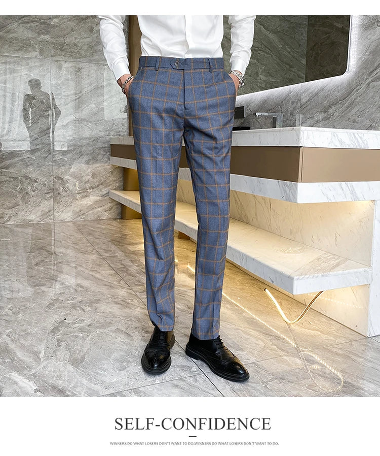 2025 New Burgundy Navy Plaid Casual Suit Pants for Men, Beige/Blue Vertical Stripe Non-Iron Slim Small Leg Work Trousers Men