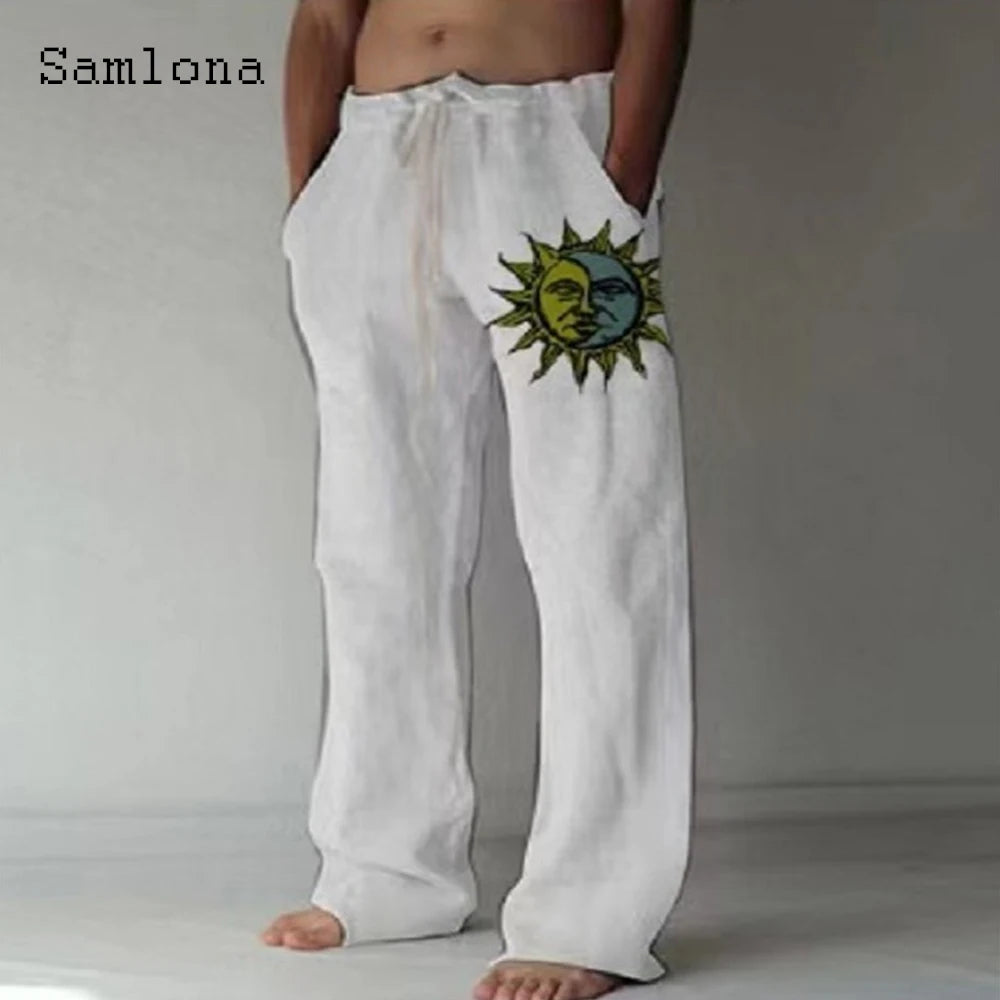 Samlona 2025 Men's Pocket Design Linen Pants Drawstring Loose Trouser Plus Size 3xl Mens Fashion Birds Feather Print Sweatpants