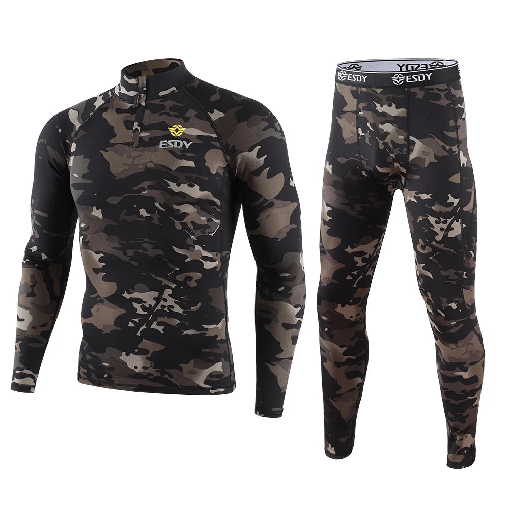 New Outdoor Sports Underwear Camo Training Long-Seeved Tops + Pants Suit Fitness Camping Army Hiking Hunting Underwear Clothes