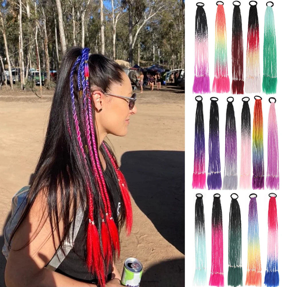 24inch Rubber Band Crochet Mixed Box Braids Plaited Ponytail Synthetic Gradient Dirty Braided Ponytail Hair Extensions for Kids