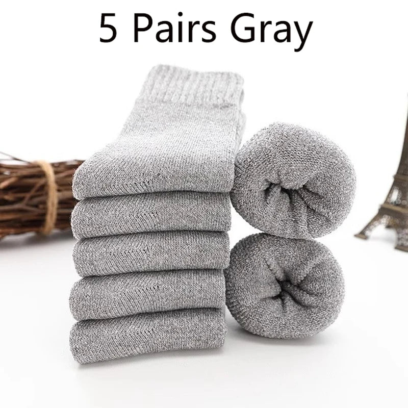 5 Pairs Winter Socks Men's Wool Warm Socks Thick Towel Mid-Calf Anti-Cold Snow Boots Socks Retro Solid Color Merino Terry Socks