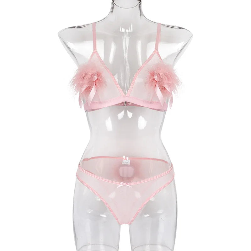 Feathers Transparent Bra Lingerie Set Sexy Underwear Women Body Chain Lace Exotic Set Luxury Intimate See Through Bra and Panty
