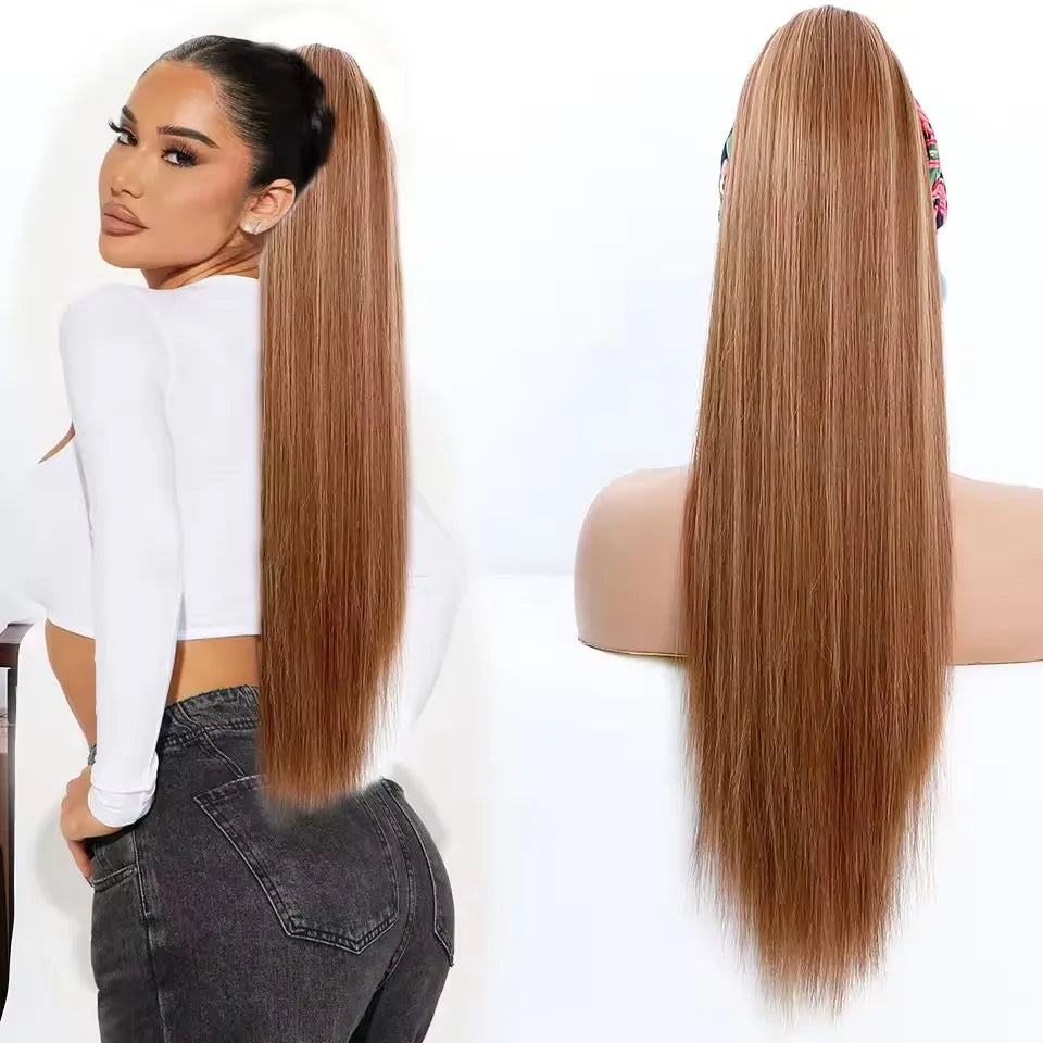 28Inch Straight Ponytail Blond Highlight 12/613 Ombre Brown Hair Extension With Clip 180Gram High Temperature Bio Synthetic Hair