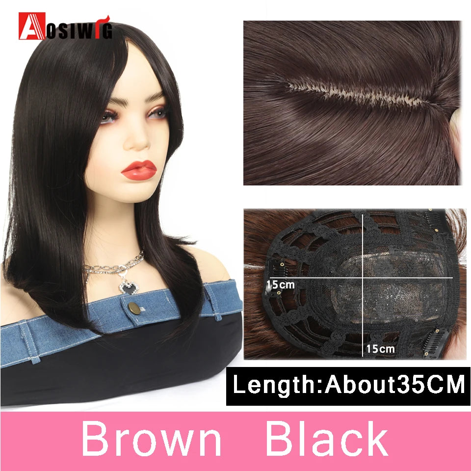 AOSIWIG Synthetic Long Straight Topper Closures Hairpiece Clip In Hair Extensions Cover White Hair Women Natural Fake Hairpiece
