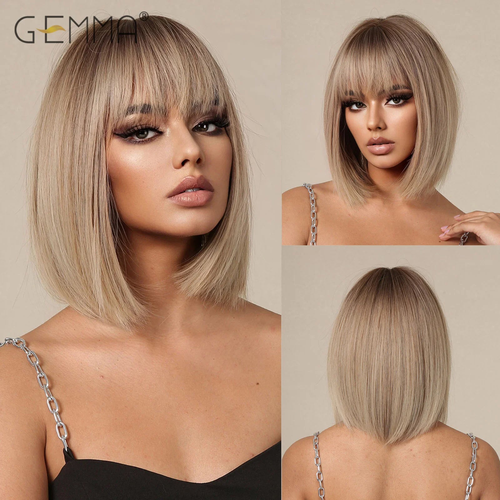 GEMMA Dark Brown Bob Synthetic Natural Hair Wig with Fluffy Bangs for Women Short Straight Wigs Heat Resistant Daily Cosplay Wig