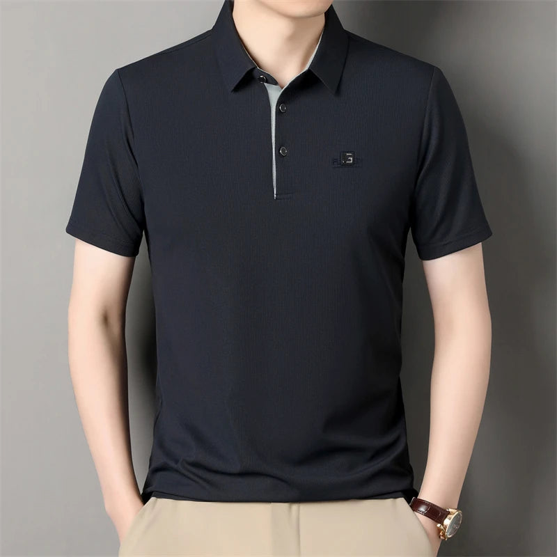 New Men's Business Casual Short Sleeved Shirt with Badge Solid Color Polo Shirt Fashionable Breathable Comfortable Versatile Top