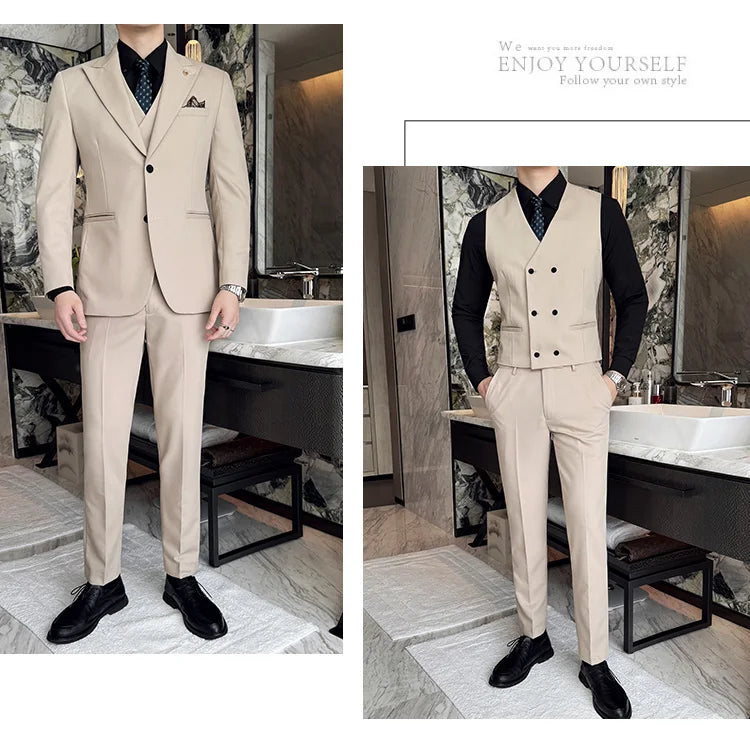 Slim-Fit Three-Piece Set Korean Style Two-Button Groomsmen Formal Wedding Business Suit Handsome Groom Best Man Dress High-