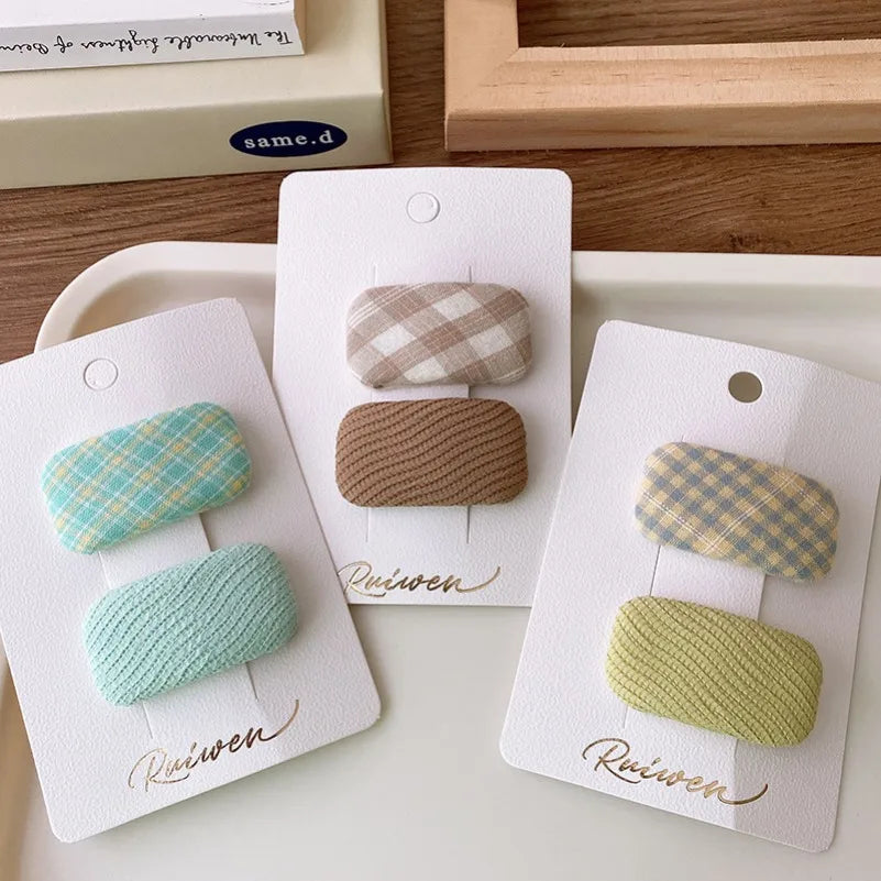 2Pcs/Set Kawaii Girls Sweet Hair Clips Fabric Plaid Cotton Hairpins for Baby Hair Square Shape Women Bangs Barrettes Headwear