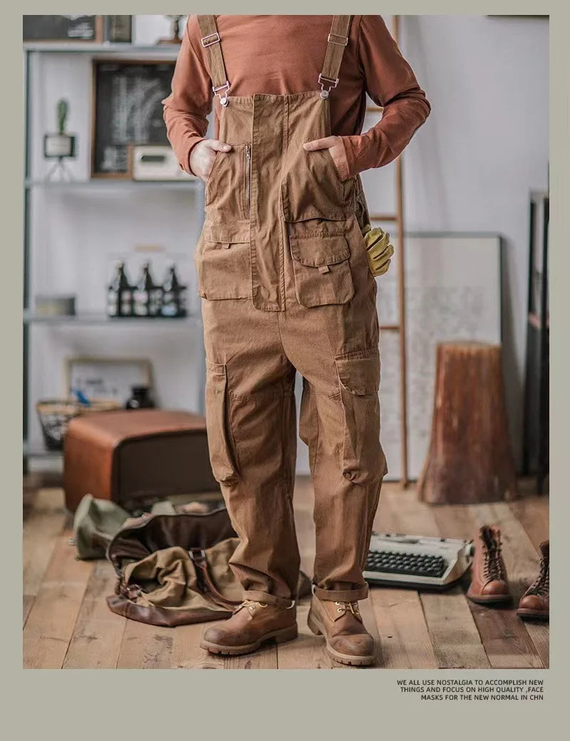 Retro American Cotton Overalls Loose Jumpsuit Men's Cargo Pants Men Suspenders Bibs Four Seasons Full Length Baggy Pants