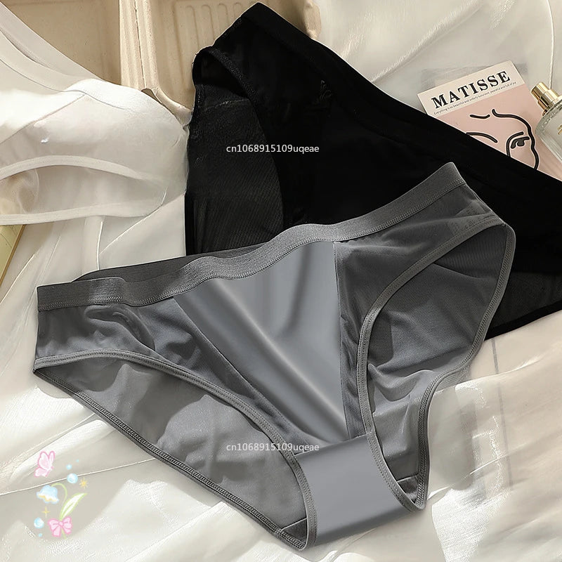 Women Sexy Mesh Ice Silk Solid Thin Breathable Underwear Middle Waist Elasticity Plus Big Panties Elasticity Plus Big Panties