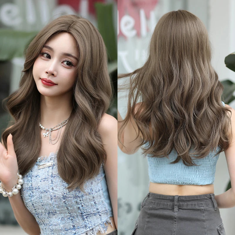 7JHH WIGS Body Wavy Wig Long Loose Curly Brown Wig for Women Daily Use High Density Synthetic Layered Hair Wigs with Bangs