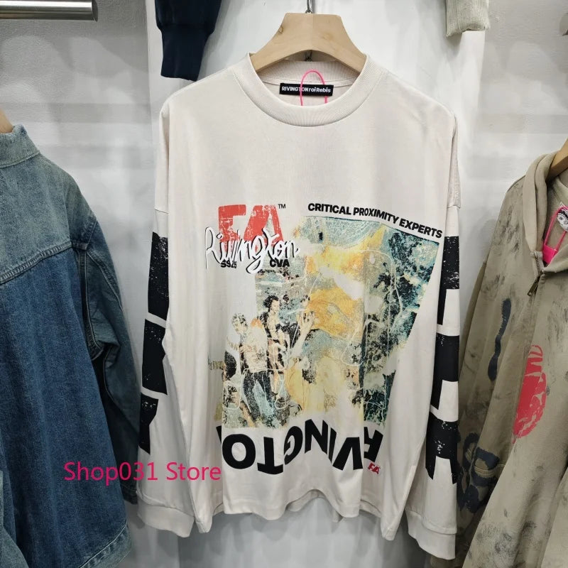 R123 Long Sleeve T Shirt Vintage Washed 100% Cotton Loose Fit Casual Mens Pullover  oversized t shirt