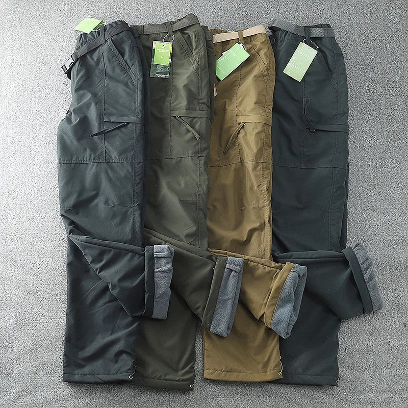 6XL Thick Waterproof Warm Fleece Cargo Pants Men Winter Outdoor Plus Velvet Multi-pockets Loose Straight Casual Overall Trousers
