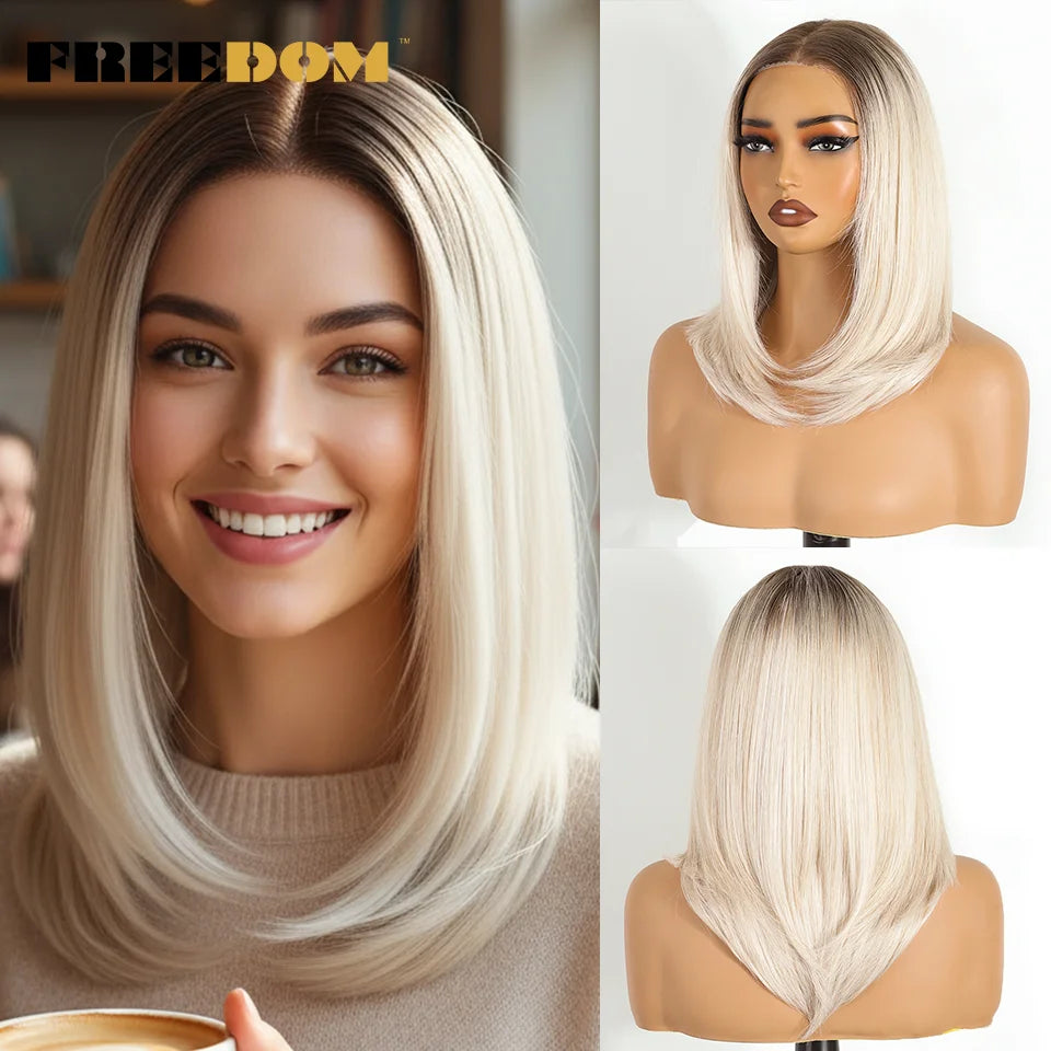FREEDOM Layered Straight Synthetic Lace Front Wigs For Women Short Bob 6x4 Wear And Go Glueless Wig Ombre Brown Pre Plucked Wigs