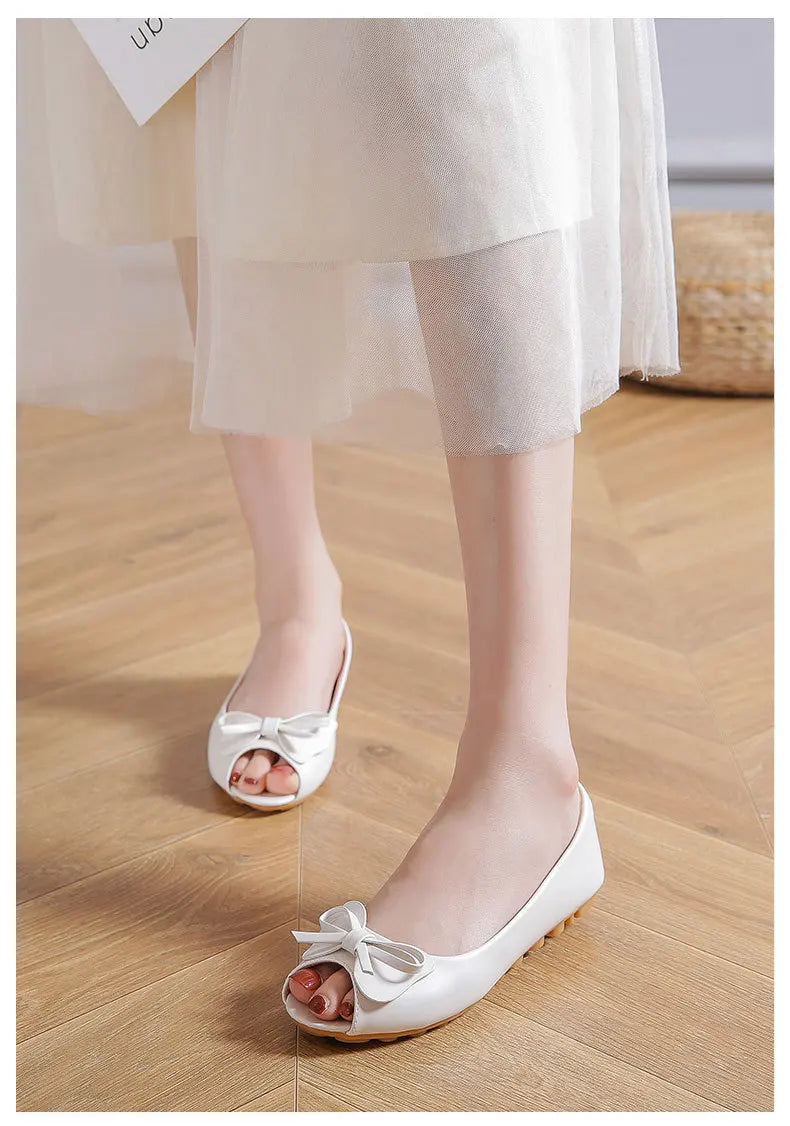 34-43 big size luxury peep toe bowtie flat shoes woman black/white leather ballet flats bow zapatos mujer primavera verano 2022
