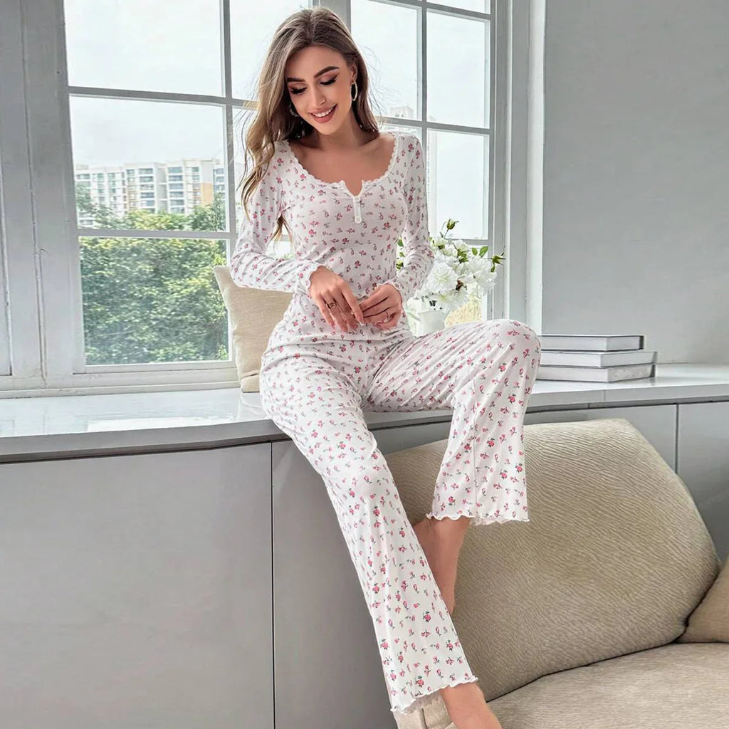 Spring Summer Women's Sleepwear Floral Print Lettuce Trim Pajamas Set Tops and Long Trousers Loungewear Nightwear