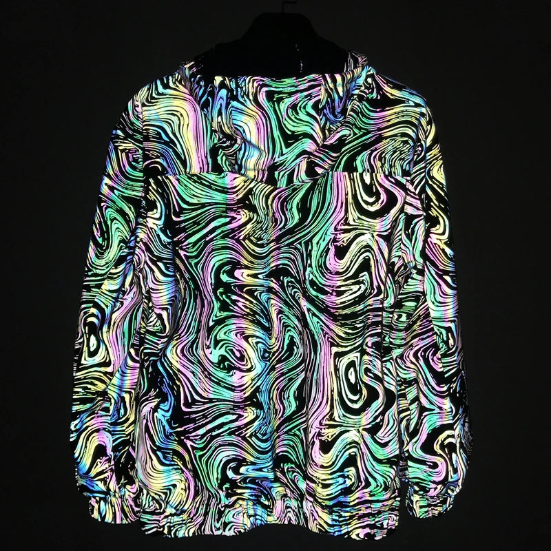 Drop shipping Holographic Reflective Jackets Men Techwear Night Walk Dance Hip Hop Breathable Hooded Coat Jaqueta Masculina