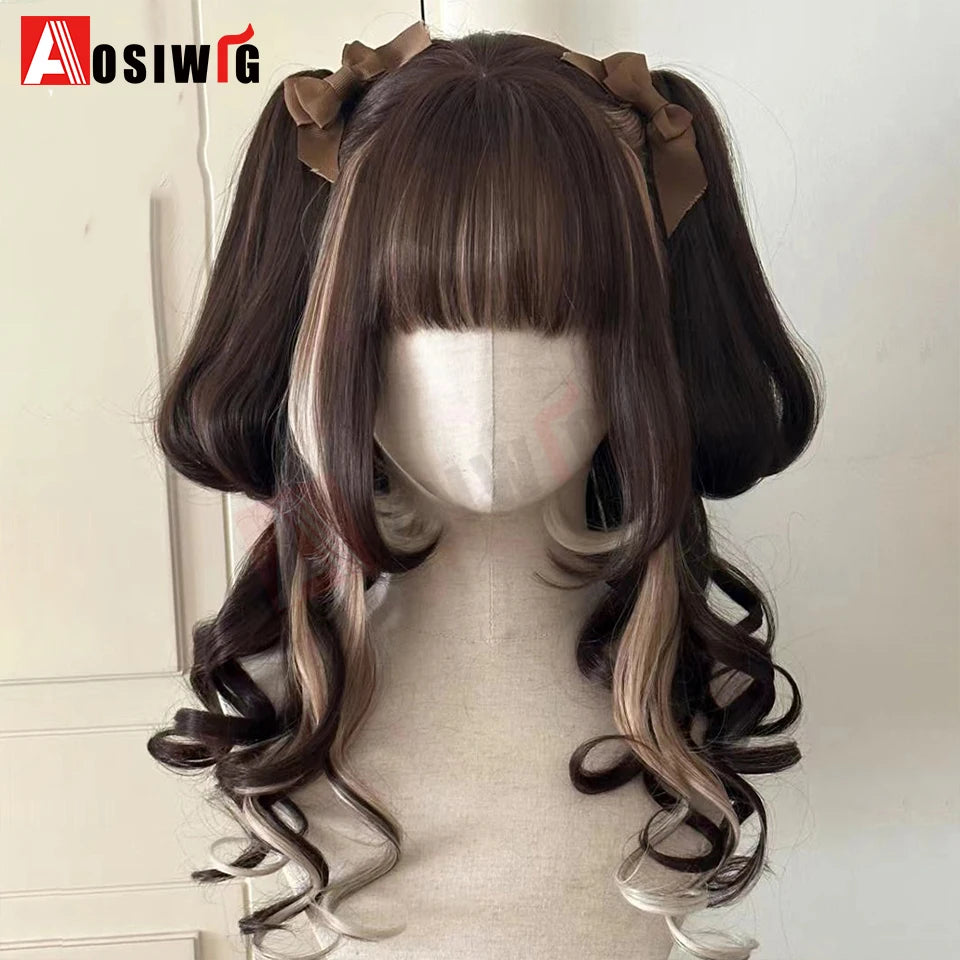 AOSI Synthetic Long Curly Wig Double Ponytail Cute Lolita Women Wigs Halloween Cosplay Style Blonde Brown Party Wig