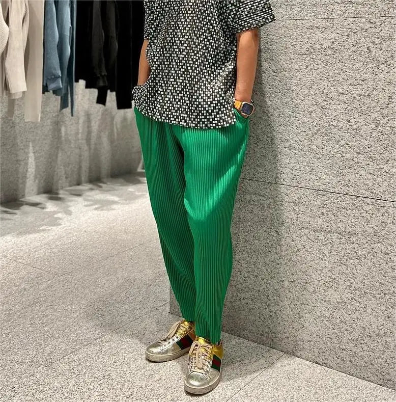 Pleats Pleated Commuter Pants Men's 2024 Autumn New Draped Elastic Trousers Casual Japanese Men Solid Color Nine Minute Pants