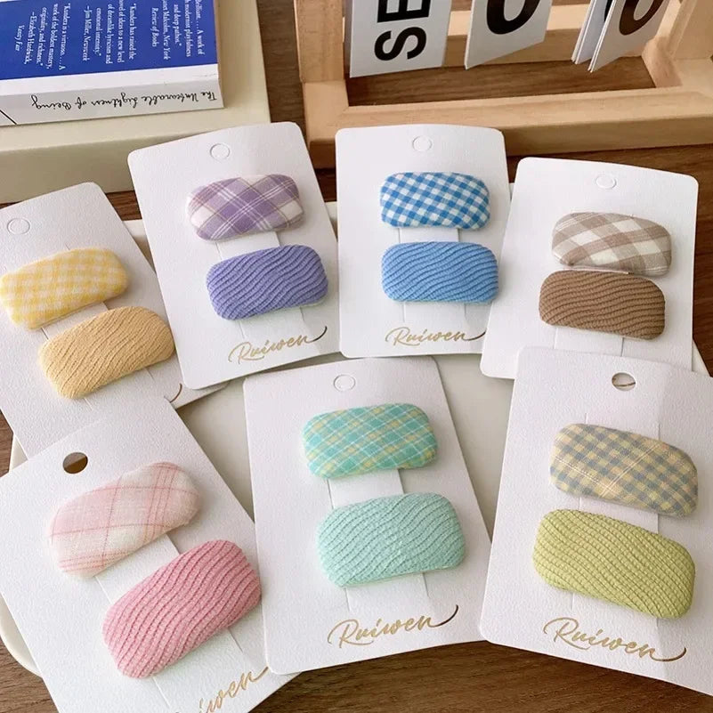 2Pcs/Set Kawaii Girls Sweet Hair Clips Fabric Plaid Cotton Hairpins for Baby Hair Square Shape Women Bangs Barrettes Headwear