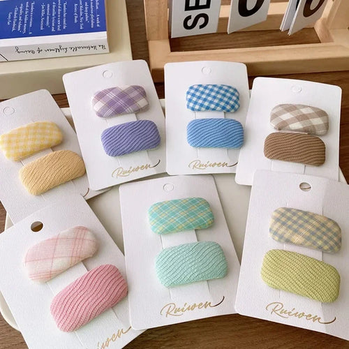 2Pcs/Set Kawaii Girls Sweet Hair Clips Fabric Plaid Cotton Hairpins for Baby Hair Square Shape Women Bangs Barrettes Headwear