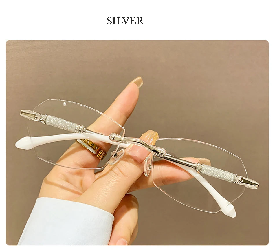 High Definition Lens Reading Glasses Women's Trendy Rimless Anti Blue Light Farsighted Eyewear Prescription Diopter Eyeglasses