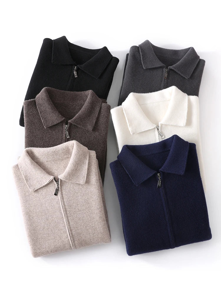 New 100% Pure Wool Knitwear Cardigan Sweater Men's Lapel Zipper Thick Jacket Shirt Collar Smart Casual Knitted Long Sleeve Tops