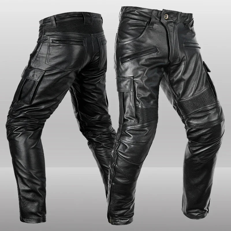 Men's Autumn Winter Punk Slim Casual Long Trousers Retro Leather Motorcycle Street Pants Windproof Warm Cowhide Pencil Pant Male