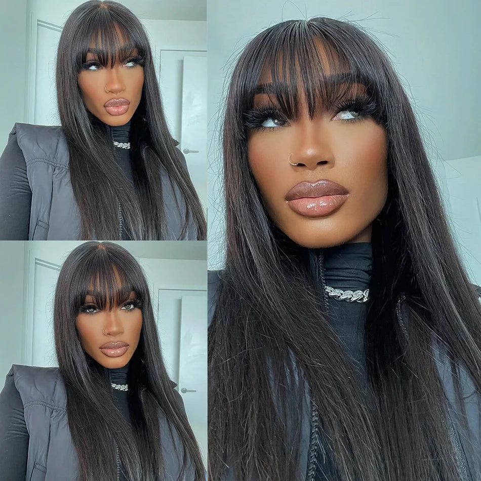 3X1 Middle Part Lace Wig Bone Straight Human Hair Wig With Bangs Brazilian 30 34 Inch Full Machine Made Straight Wig For Women