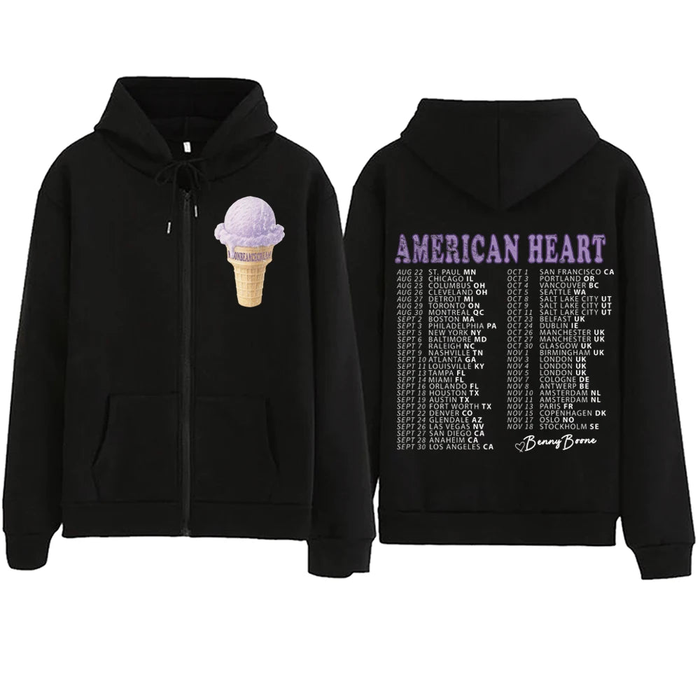 Benson Boone American Heart Tour 2025 Zipper Hoodie Man Woman Harajuku Pullover Tops Long Sleeve Streetwear Sweatshirt