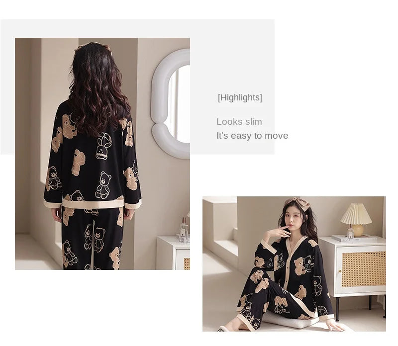 Y2k Women's 100% POLYESTER Pajamas with Cartoon Print Korean Fresh Ins Style Harajuku Lounges 2pcs 2024 New Spring/fall Homewear