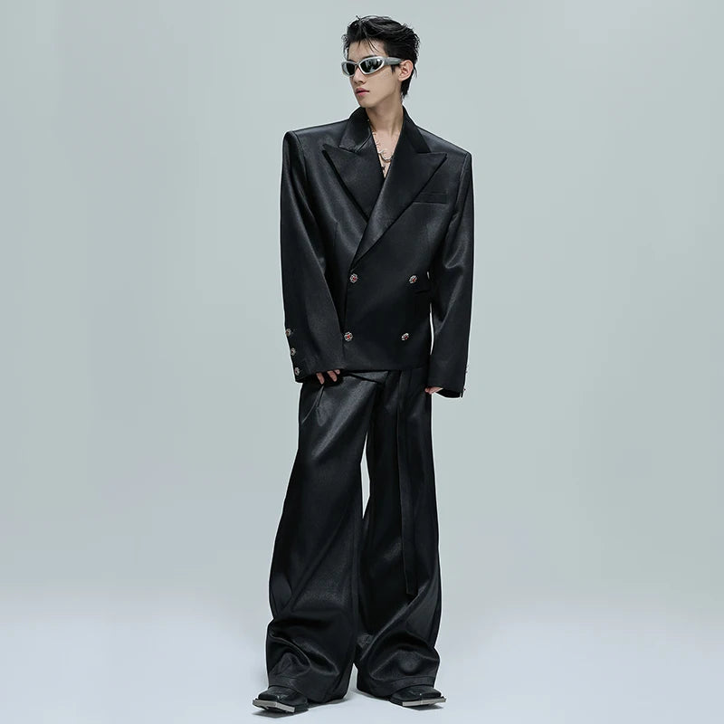 FEWQ Niche Design Men's Suit Sets Lapel Double Breatsed Silhouette Glossy Blazers Wide Leg Belt Chc Button Male Trousers 24K6098