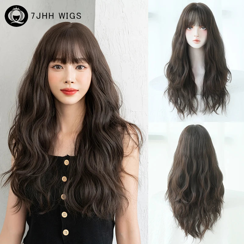 7JHH WIGS Loose Body Wavy Brown Hair Wigs with Neat Bangs High Density Synthetic Fashion Wave Wig for Women Natural Looking