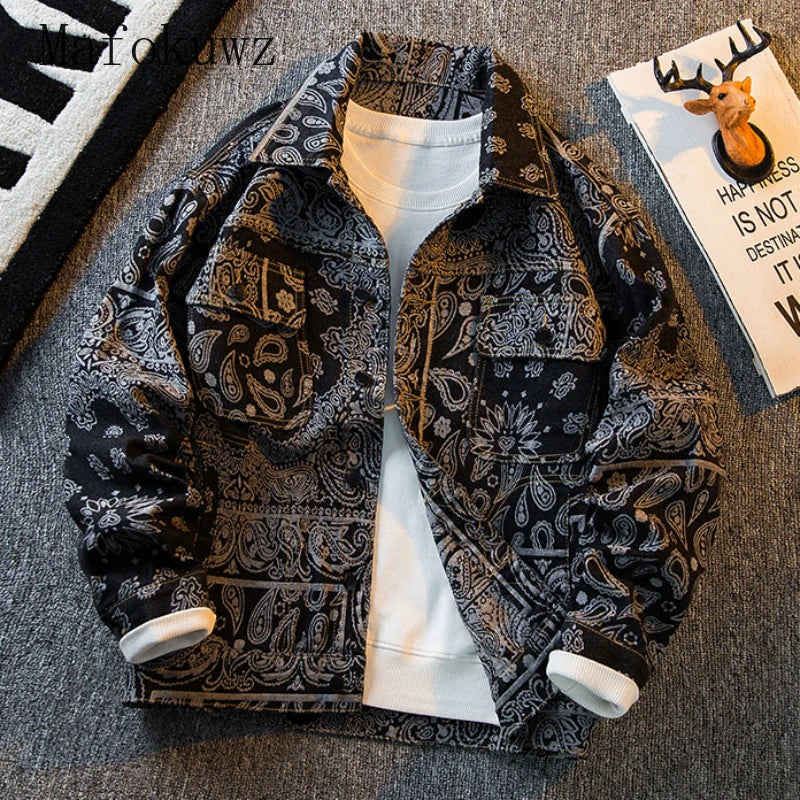 Spring Autumn Ethnic Style Denim Jacket Men's Niche Retro Loose Casual High Street Personalized Jackets Men Tops Male Clothes