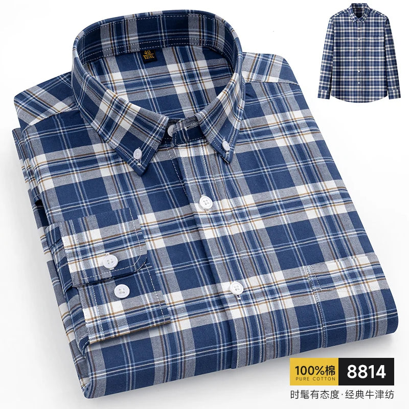 100% Pure Cotton Men Shirts Long Sleeve Dress Shirts Male Slim Social Business Blouse Solid Color Oxford Shirt 8XL 10XL 11XL