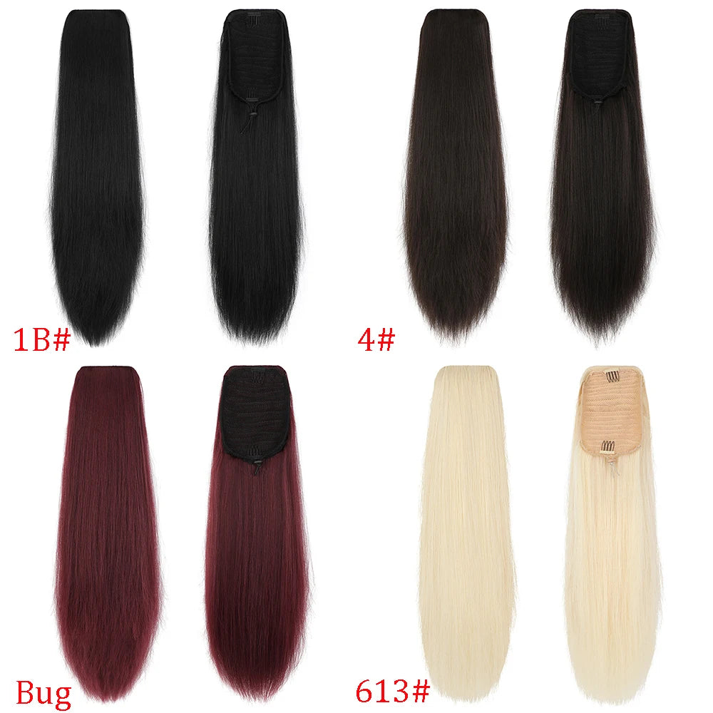 36 inches Black Natural long straight Drawstring Ponytail - Women's Easy-Attach Synthetic Extension for Voluminous Look