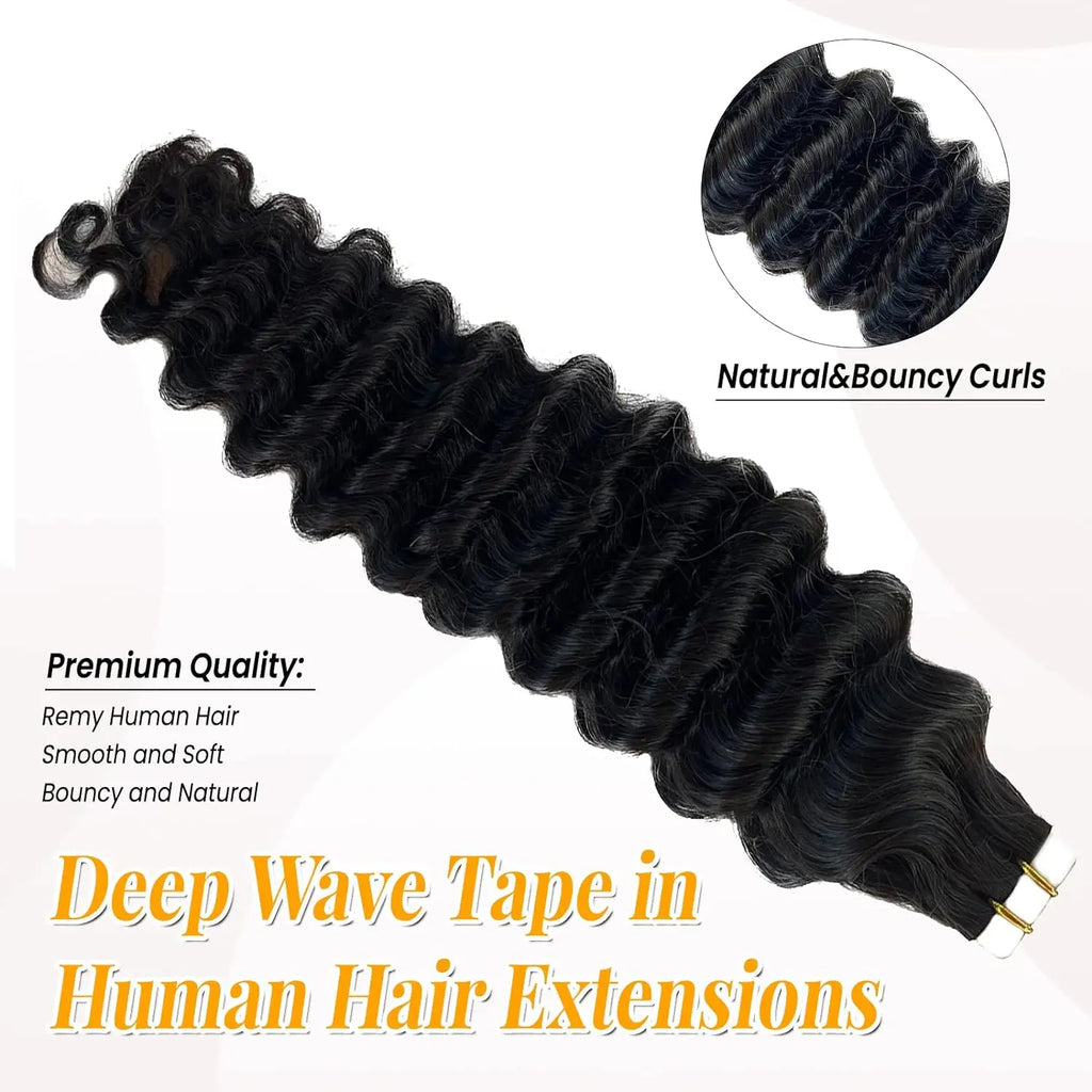 Curly Tape in Hair Extensions Deep Wave Tape in Hair Extensions 100% Human Hair Full Head Skin Adhesive Natural Black 24 26 Inch