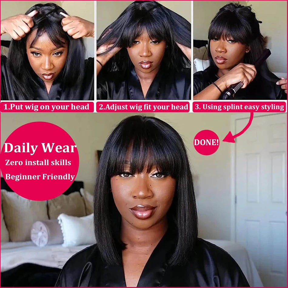 3X1 Middle Part Lace Wig Bone Straight Human Hair Wig With Bangs Brazilian 30 34 Inch Full Machine Made Straight Wig For Women