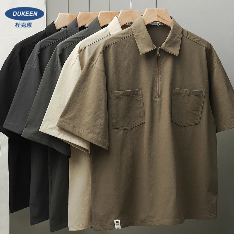 DUKEEN Work Polo Shirt Short-Sleeved Male Summer Loose Tops Quick Dry T-Shirt Vintage Mori Shirt