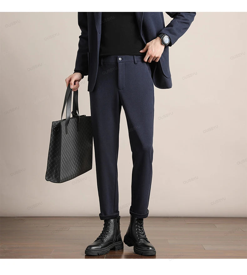 Brand Clothing Autumn Winter Luxury Suit Pants Men Thick Business Elastic Waist Woolen Ankle Pant Korean Formal Long Trousers