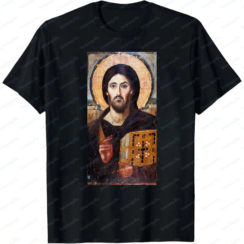 Jesus Christ Pantocrator Icon Sinai Orthodox Christian Man Gift Printed T-Shirt Summer Women Short Sleeve Cotton Unisex T Shirt