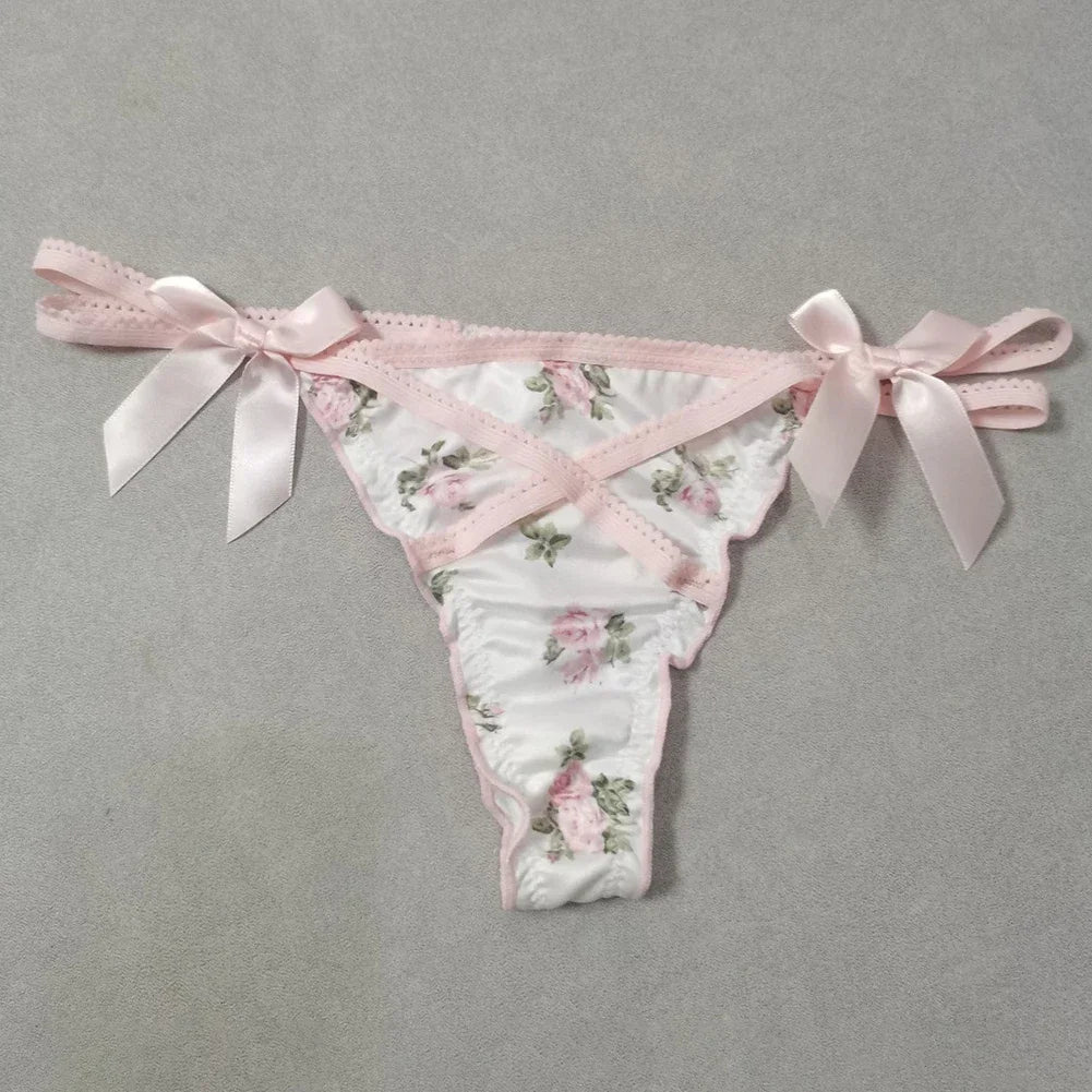 Ruffle Cute Sweet Girl Ladies Satin G-strings Thongs T-Panties Sexy Low Waist Women's Briefs Underwear Knickers