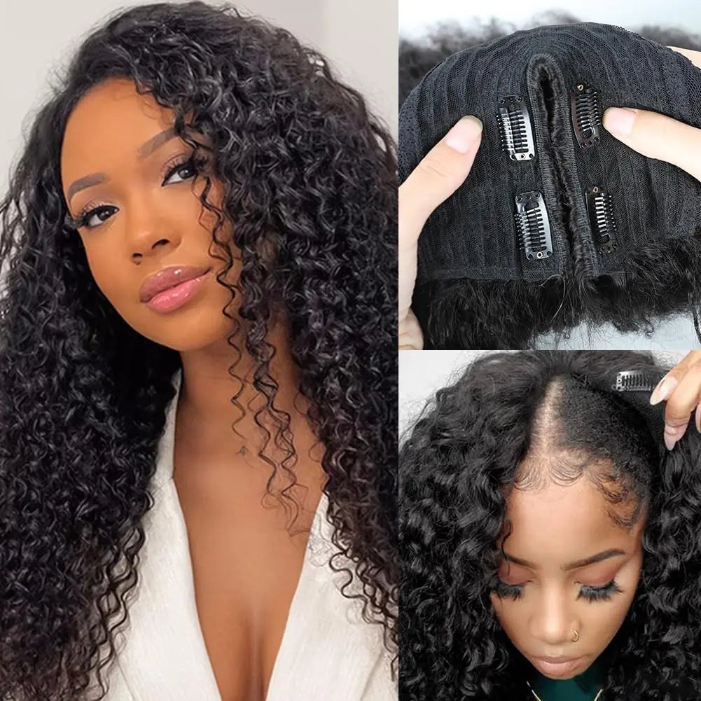 24 In Water Wave V Part Wig Peruvian Full Machine Wigs For Black Women Human Hair 180% Density Natural Black Color