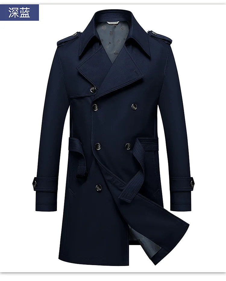Spring Autumn New Fashion Men's Solid Color Simple Casual Trendy Double-breasted Long Sleeve Plus Size Trench Male Coat Clothes