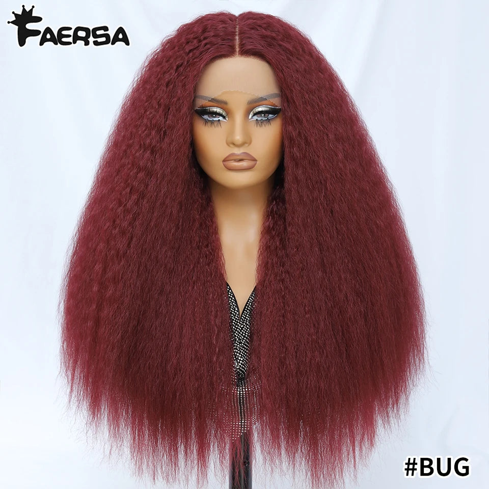 Kinky Straight Lace Front Wig T-Part 28Inch Synthetic 13x5x1 Long Lace Wigs Afro Yaki Straight Wigs Ombre Brown For Black Women