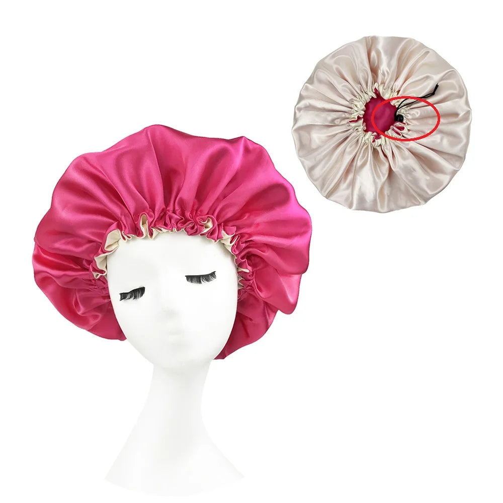 New Solid Women Satin Bonnet Fashion Stain Silky Big Bonnet for Lady Sleep Cap Headwrap Hat Hair Wrap Accessories Wholesale