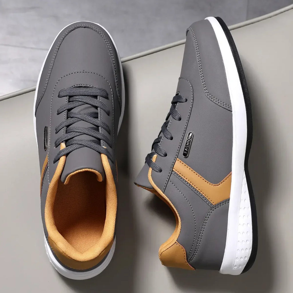 Men's Fashion Sneakers - Khaki Leather Comfortable Tennis Shoes Lace Up Large Thick Bottom Suitable for Daily Use Flat Shoes