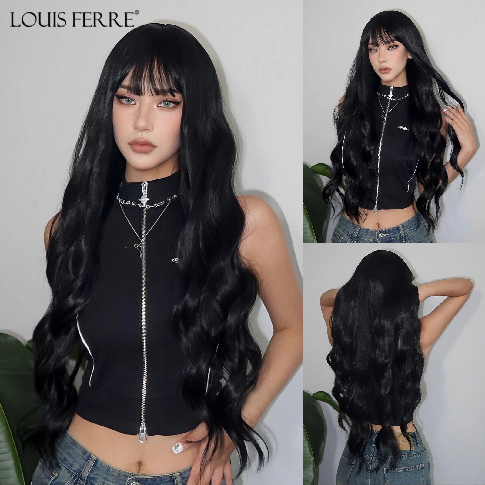 LOUIS FERRE Brown Blonde Highlights Wigs For Women Daily Long Wavy Curly Synthetic Wigs Natural Heat Resistant Hair With Bangs