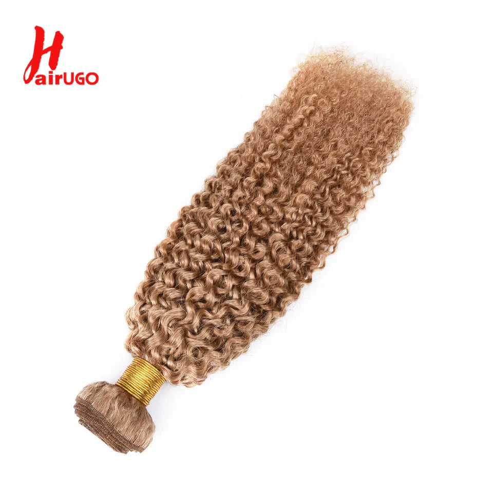 HairUGo Brazilian Kinky Curly Hair Bundles 27# Brown Remy 1/2/3 Kinky Curly Human Hair Weave Hair Extensions Blonde Hair Weaving